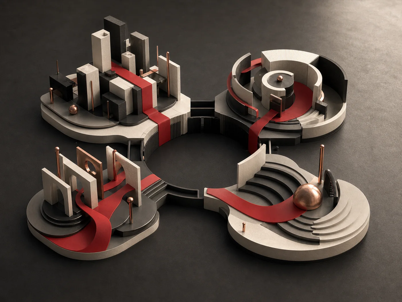 Four connected architectural spaces representing the RexaiLabs ecosystem