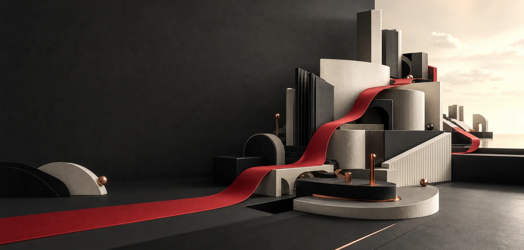 Abstract architectural forms linked by a continuous oxide-red path